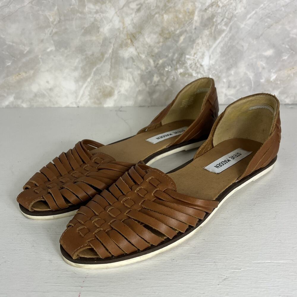 Steve Madden Hillarie Leather Slip-on Sandals 8.5M Woven Brown Leather Shoes